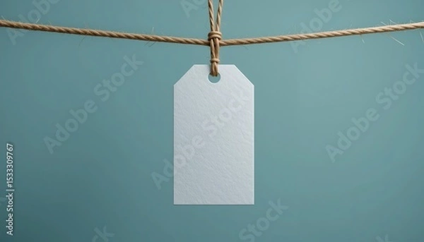 Fototapeta A blank tag hangs by rustic twine against a serene teal backdrop, ready for a personal message.