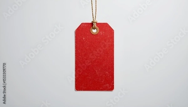Fototapeta A vibrant red gift tag dangles from a thin twine against a clean, neutral background, centered.