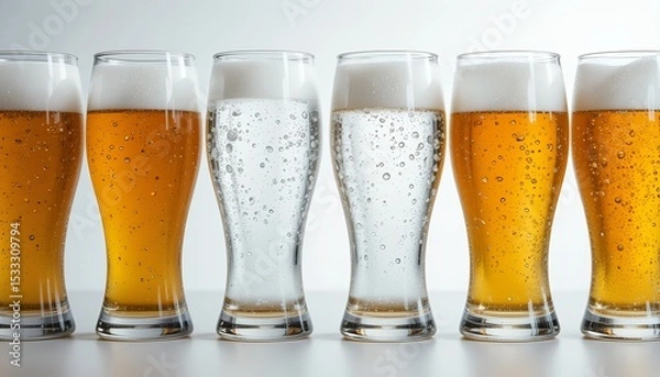 Fototapeta Six elegant glasses of beer and sparkling water sit in a row against a clean, bright white backdrop.