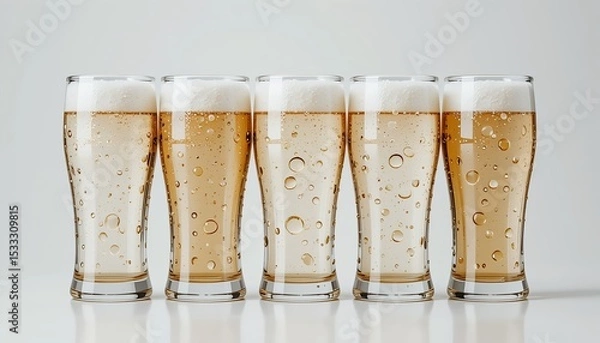 Fototapeta Five glasses of golden beer with effervescent bubbles and creamy foam stand in a row on surface.