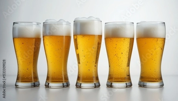 Fototapeta Five glasses of golden beer stand side by side, capped with white foamy heads on a bright surface.