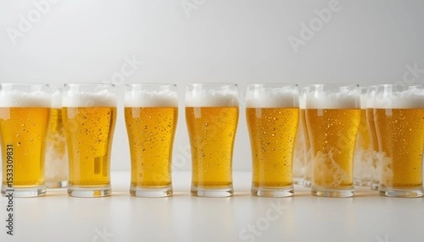 Fototapeta Several glasses of light beer with foamy heads stand in a row against white backdrop, studio shot.