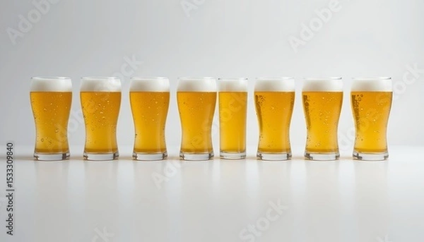 Fototapeta A row of chilled golden beers with frothy white heads, arranged artfully on a white surface.