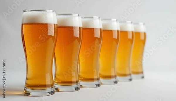 Fototapeta A row of refreshing golden beer glasses with frothy white heads stands on a plain backdrop.