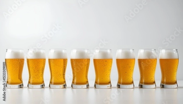 Fototapeta Seven glasses of golden beer, aligned on a white surface, showcasing a refreshing beverage concept