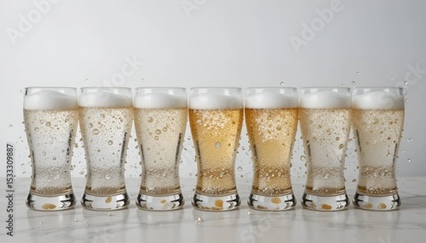 Fototapeta Seven elegant glasses filled with bubbly beverages show a gradient of amber to clear liquid color.