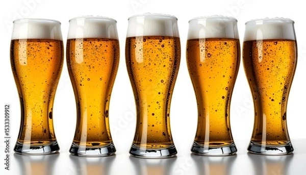 Fototapeta Five glasses of golden beer with foamy heads stand in a row, inviting refreshment and celebration.