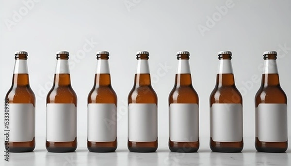 Fototapeta Symmetrical studio shot featuring a row of seven amber glass bottles with blank labels.
