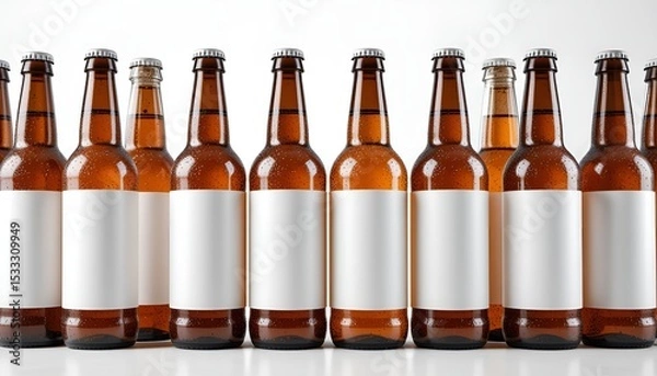 Fototapeta A row of chilled amber glass bottles with condensation and white labels on a bright background.