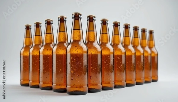 Fototapeta Rows of refreshing brown bottles, lightly frosted, stand against a clean, light backdrop, waiting.
