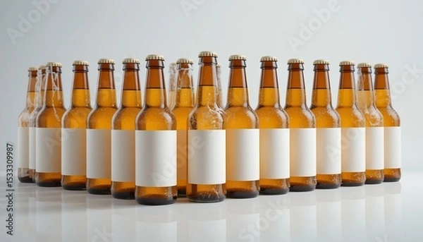 Fototapeta Group of amber beer bottles with condensation and blank labels on a reflective surface.