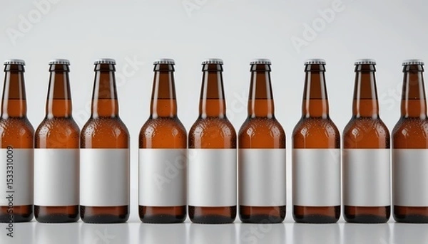 Fototapeta Eight brown glass bottles filled with liquid and blank white labels displayed on a table