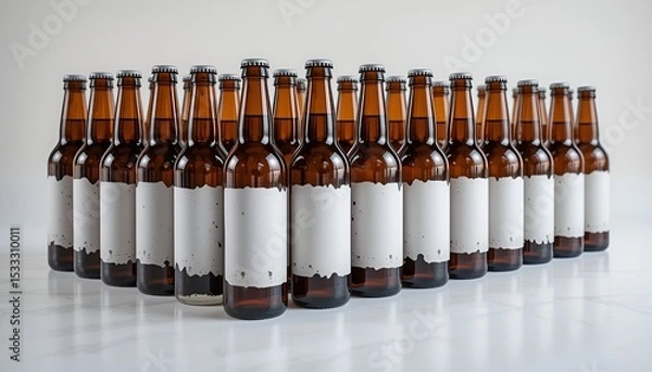 Fototapeta A symmetrical arrangement of brown glass bottles stands on a clean white marble surface in a studio.