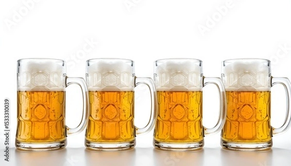 Fototapeta Four full beer mugs stand side by side with golden liquid and foamy heads on a white background.