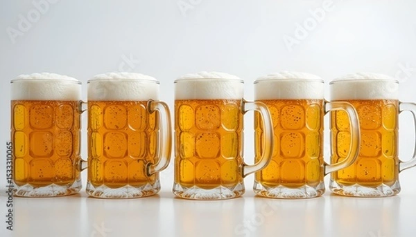 Fototapeta Five frosty glass beer mugs filled with golden lager sit on a clean, bright, white surface.