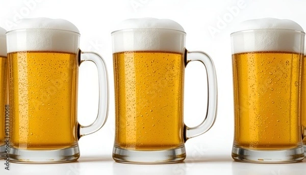 Obraz Three frosty beer mugs overflow with foamy lager on a stark white background, inviting refreshment.