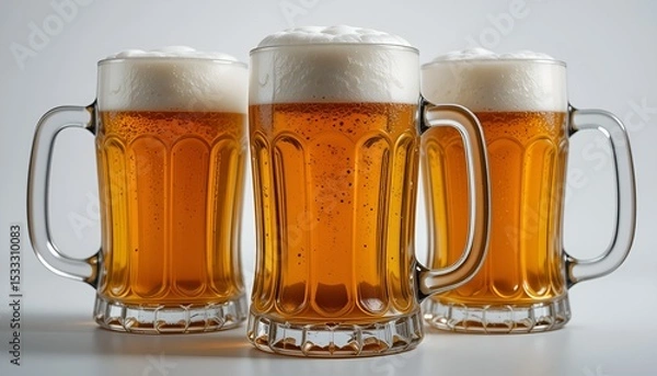 Fototapeta Three full beer mugs with thick white foam stand ready for enjoyment, inviting celebration.
