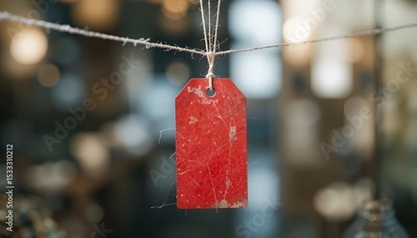 Fototapeta A worn red tag hangs from twine in a blurred, warmly lit space, evoking rustic simplicity.
