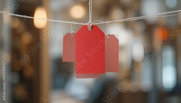 Fototapeta Vibrant red tag and transparent layers hanging on string with soft focus lighting backdrop.