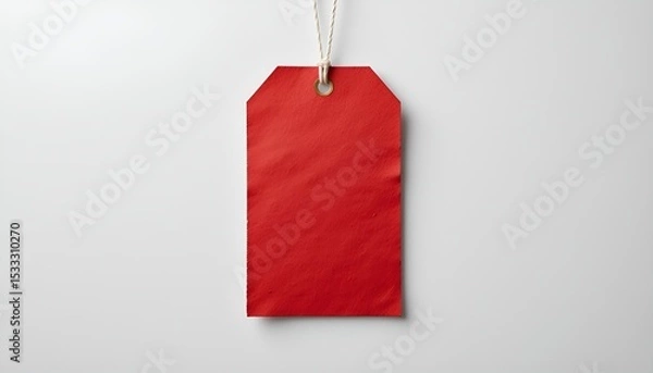 Fototapeta A vibrant, red tag hangs from a string against a pristine white background, simple and bold.