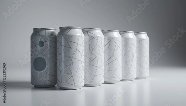 Fototapeta A row of minimalist white cans with geometric designs in a studio setting creates a modern look.