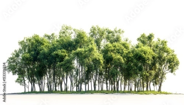 Fototapeta Lush green trees stand in a row against a white background.