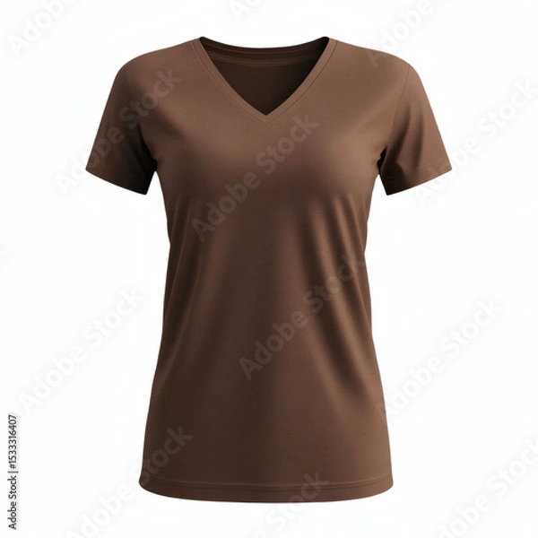 Fototapeta Plain brown V-neck t-shirt 3D mockup showcasing front view for women's casual wear presentation on white background.