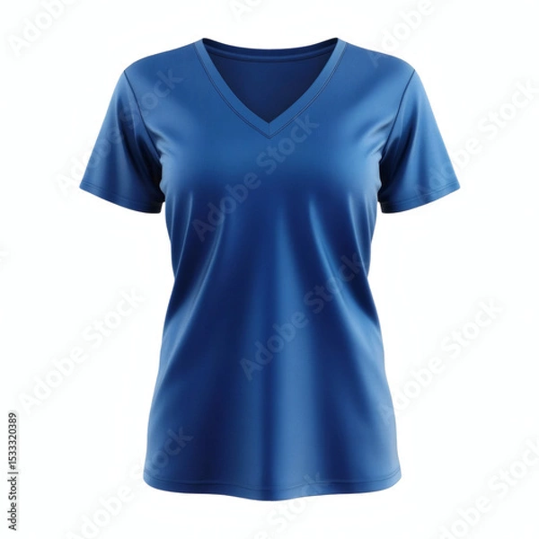 Fototapeta Plain blue V-neck t-shirt 3D mockup showcasing front view for women's casual wear presentation on white background.