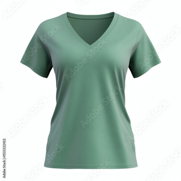Fototapeta Plain light green V-neck t-shirt 3D mockup showcasing front view for women's casual wear presentation on white background.