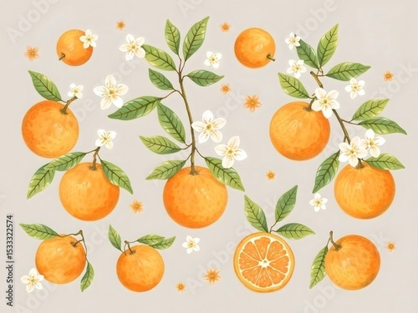 Fototapeta abstract Cute pastel hand drawn oranges fruits with leaves, branches and flowers background illustration