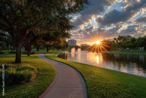 Fototapeta Scenic park lake sunset with pathway and building backdrop