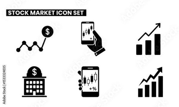 Fototapeta Stock Market Financial Icons set. Monochrome icons for stock market: graphs, mobile trading, financial building, and dollar symbols.