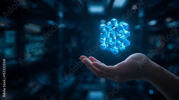 Fototapeta Blue Glowing Cube Data Structure Held in Open Palm Futuristic Technology Concept Digital Art image