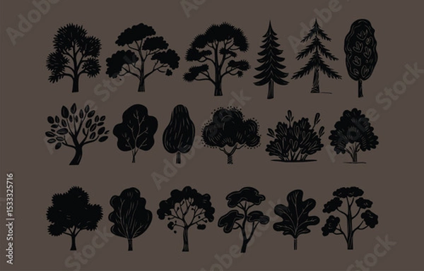 Obraz Collection of hand drawn black silhouettes of various trees and shrubs