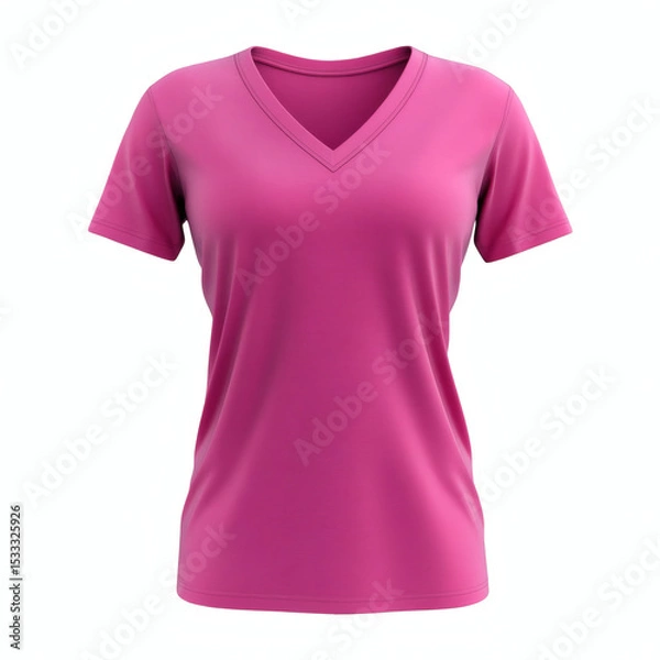 Fototapeta Plain pink V-neck t-shirt 3D mockup showcasing front view for women's casual wear presentation on white background.