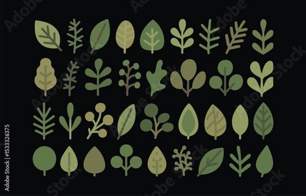 Obraz Collection of thirty six flat green leaves and branches illustrations