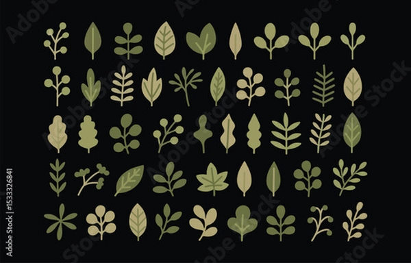 Obraz Collection of flat style green leaves and branches for design