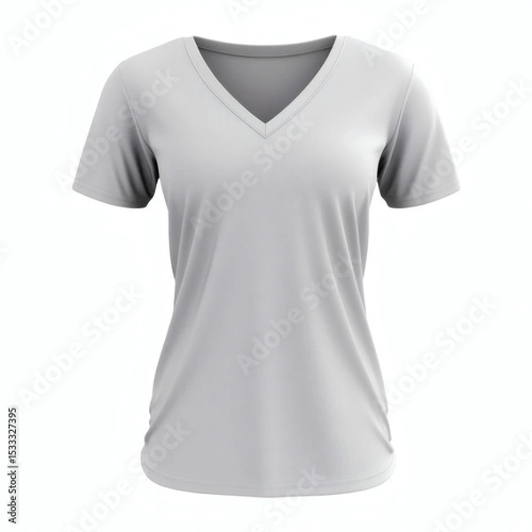 Fototapeta Plain light gray V-neck t-shirt 3D mockup showcasing front view for women's casual wear presentation on white background.