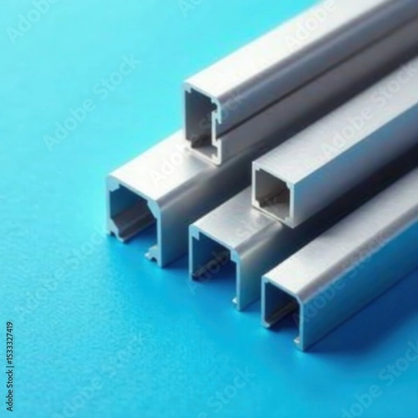 Fototapeta Extruded aluminum profiles in various shapes sit on a sleek blue surface , blue background, close up