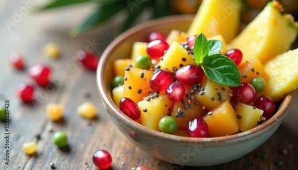 Fototapeta Exotic mix of pomegranate seeds, pumpkin seeds, and chia seeds in a small bowl next to a cluster of fresh pineapple slices , superfood bowl, healthy snack