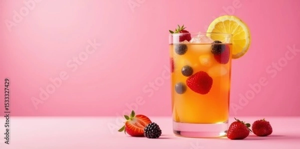Fototapeta Fresh fruit cocktail with colorful ingredients floating in a glass on a pink background, pink, liquid