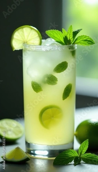 Fototapeta Fresh lime wedges and mint leaves garnish a clear margarita glass filled with a chilled tequila-based beverage, lime, spirit