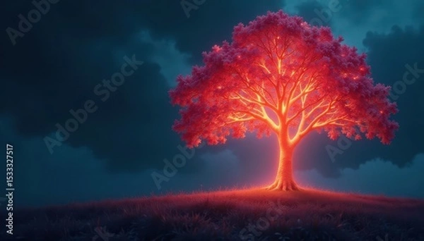 Fototapeta glowing tree with ethereal light pulsing through branches, luminescence, technology
