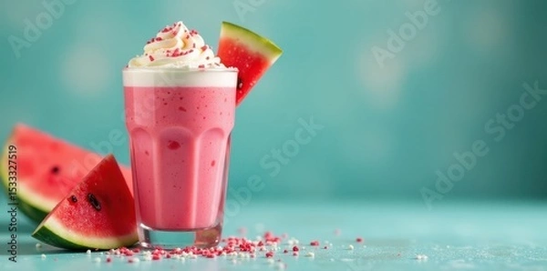 Fototapeta Glass filled with pink watermelon smoothie, topped with whipped cream and sprinkles, dessert, refreshing