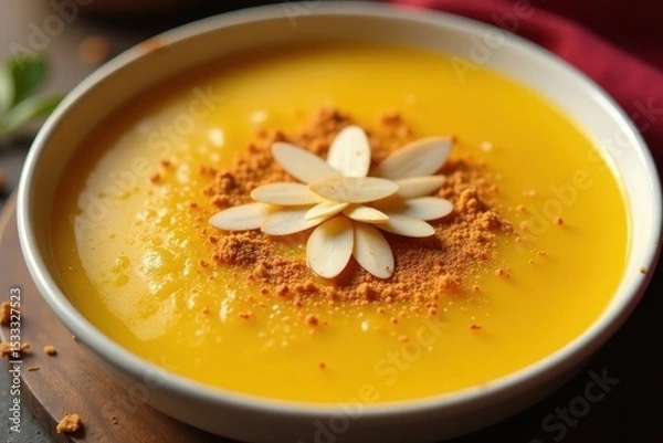 Fototapeta Golden brown kheer dessert garnished with sliced almonds and a sprinkle of cinnamon powder in a large serving dish, kheer, sweet treat