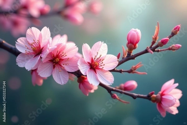 Fototapeta Intricate cherry blossom branch weaving together with delicate vines and leaves , Leaves, Cherry blossoms