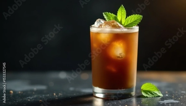 Fototapeta Icy glass filled with a velvety coffee drink topped with crushed ice and a few fresh mint leaves, creamy, refreshing