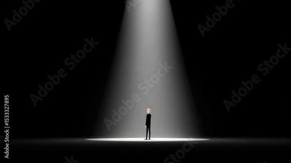 Fototapeta A person with a mask in it stands in the center of an empty stage, a spotlight shining down upon it. minimalism. golden ratio . solid white light. solid black background. award winning quality and rat