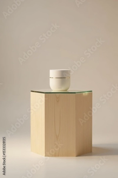 Fototapeta Light wooden pedestal with modern glass shelf displaying a sleek product on a neutral background, modern glass, neutral background