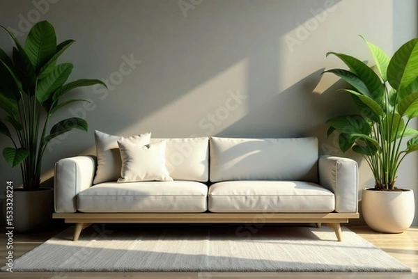 Fototapeta Low-slung sofa in neutral tones amidst lush greenery, monochromatic color scheme, minimalist decor
